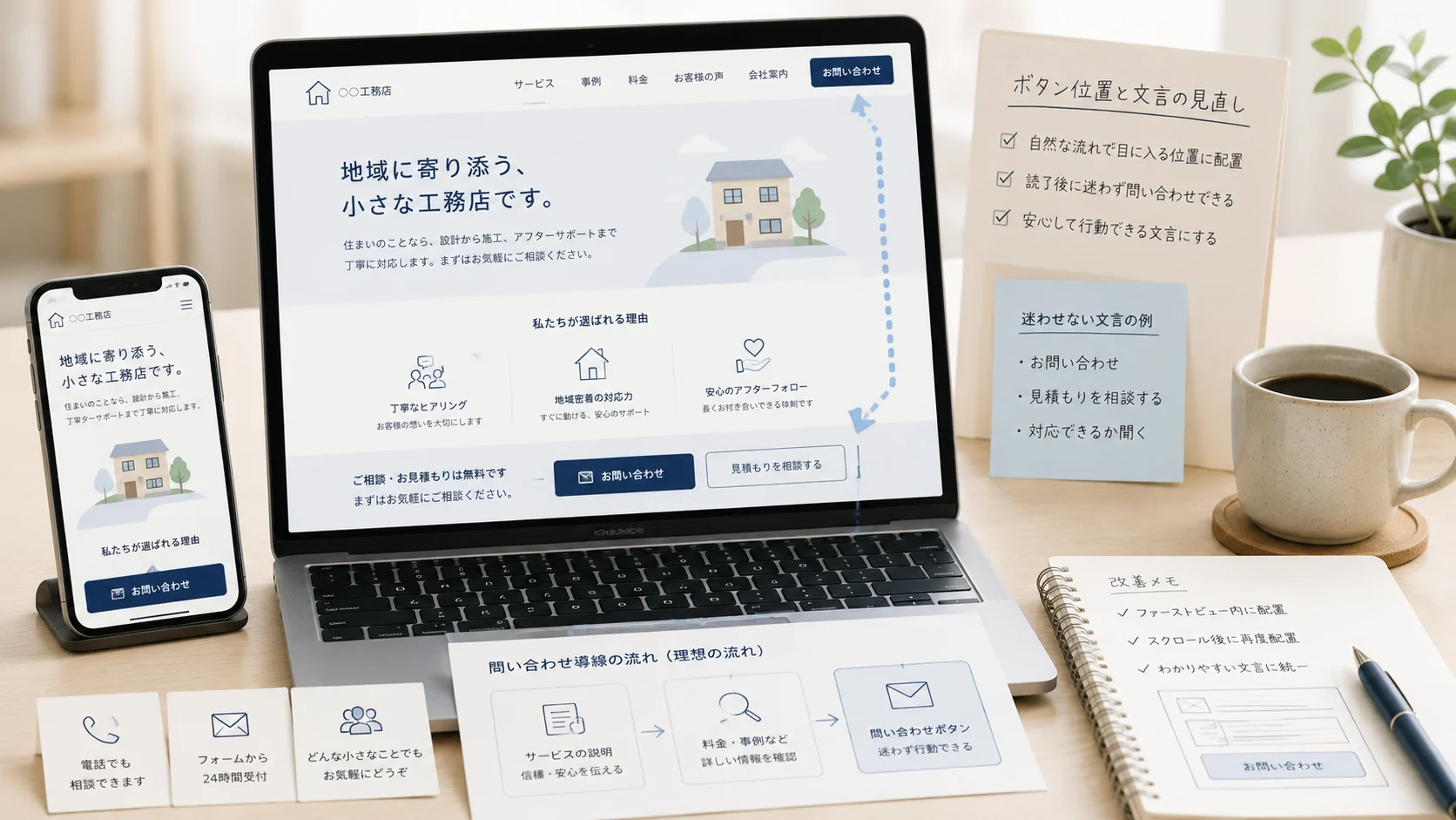 問い合わせボタンの置き場所と文言を見直している机上のイメージ