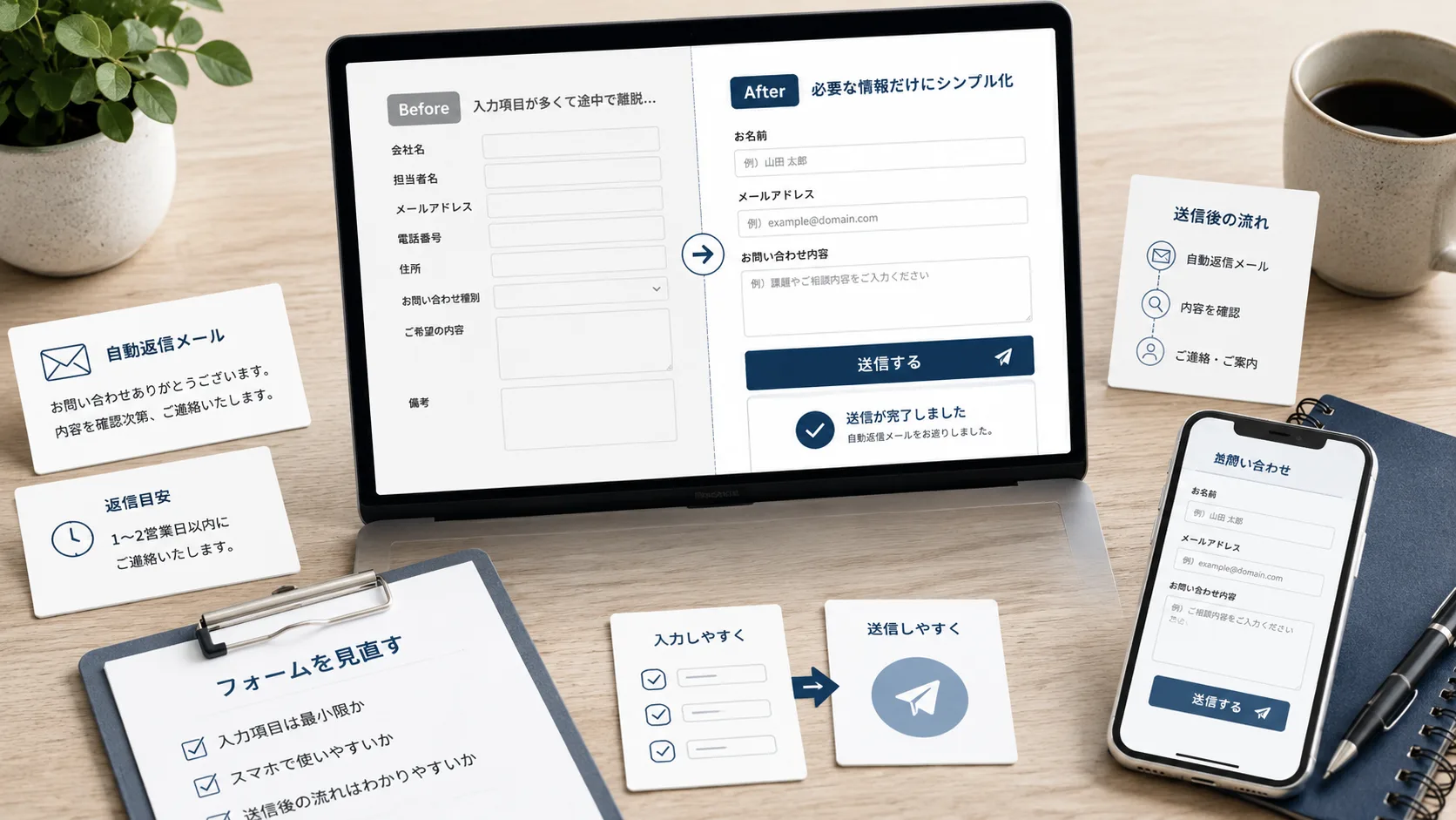 問い合わせフォームの入力項目を整理して使いやすく見直している机上のイメージ