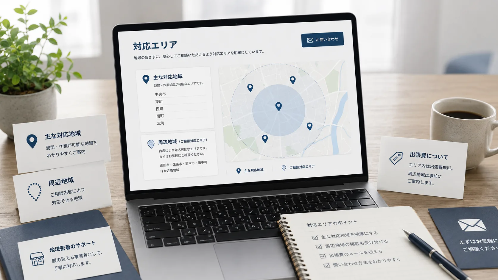 対応エリアと周辺地域、出張費の目安を整理している机上のイメージ
