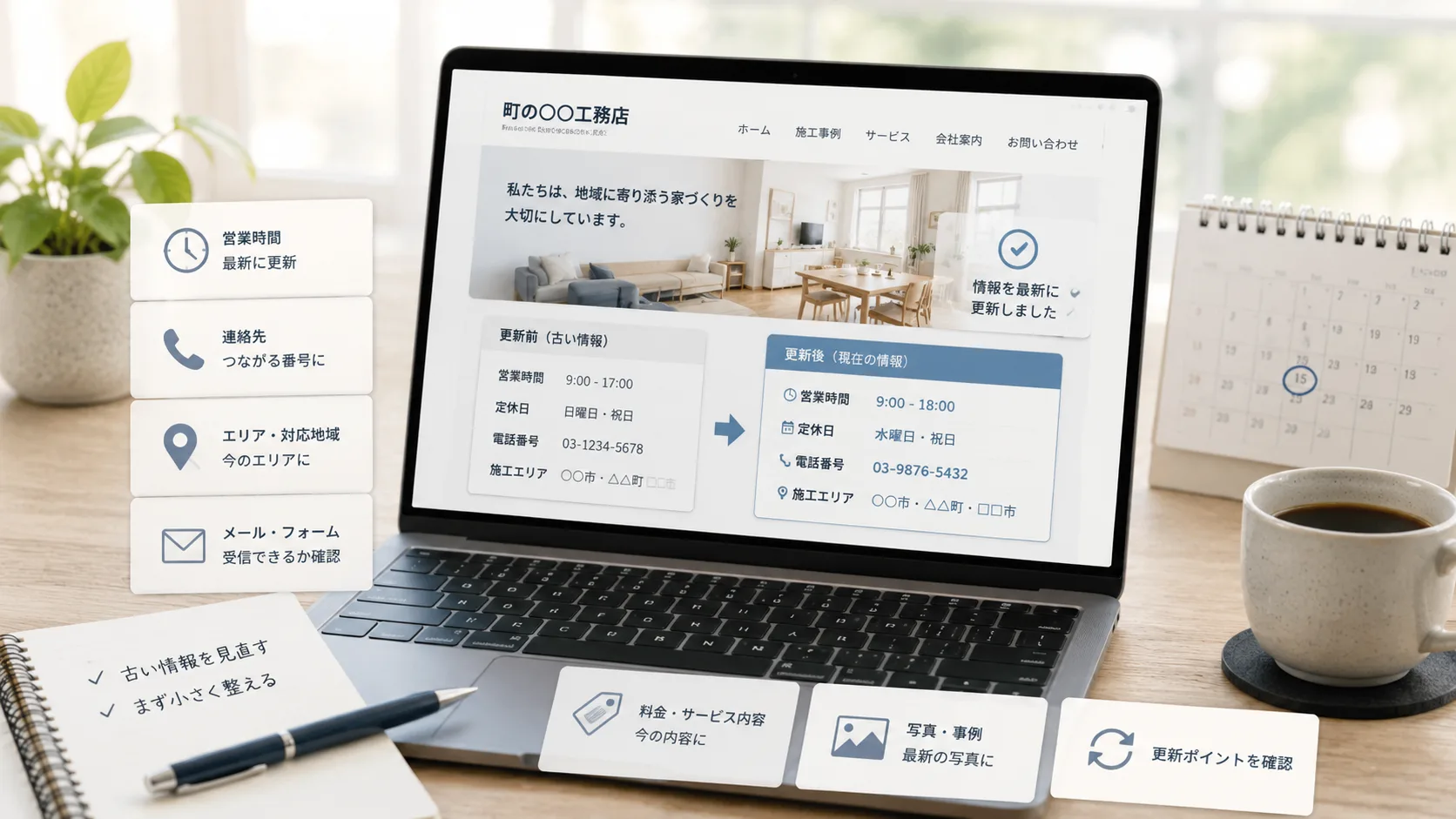 古いホームページの営業時間や連絡先、サービス内容を現在の情報へ見直している机上のイメージ