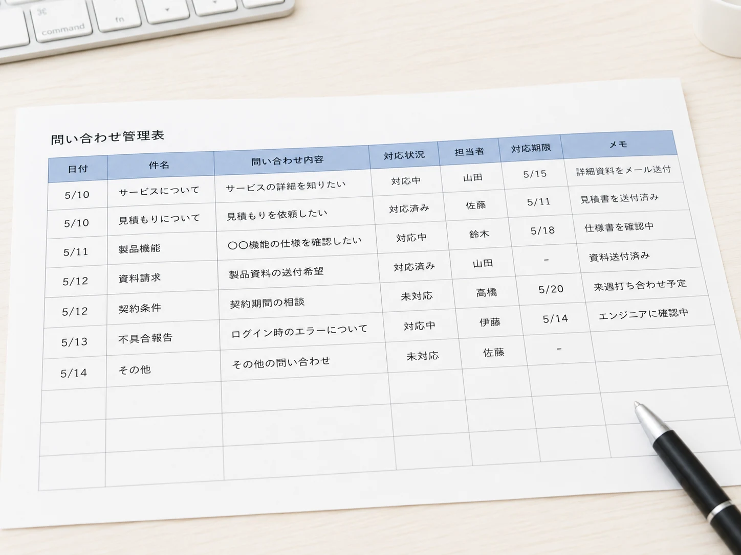 問い合わせ管理表のサンプル